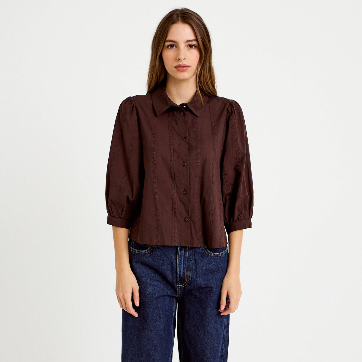 Chemise droite col classique manches 3/4 marron fonc&eacute; femme