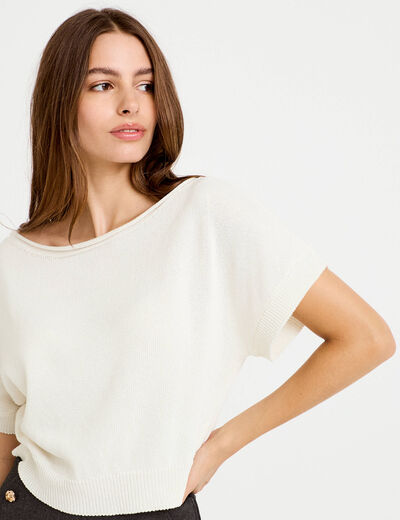 Pull ample cropped manches courtes ecru femme