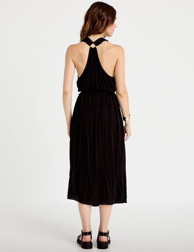 Robe longue droite fines bretelles col v noir femme