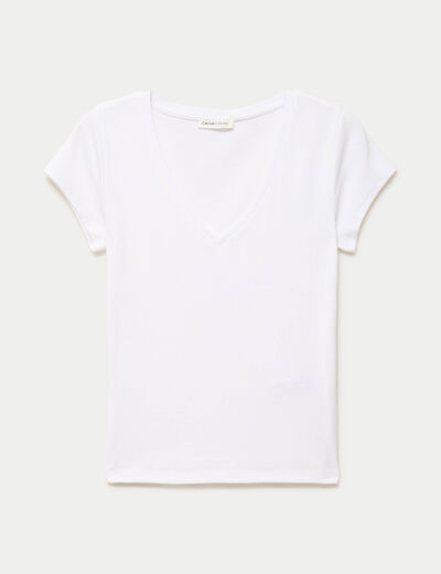 T-shirt ajust&eacute; col v manches courtes blanc femme