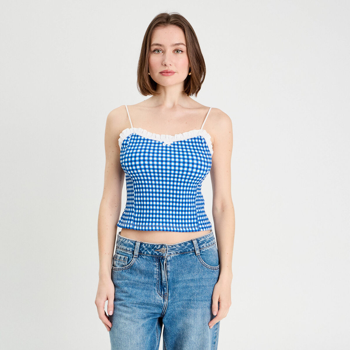 D&eacute;bardeur cropped bretelles bleu electrique femme