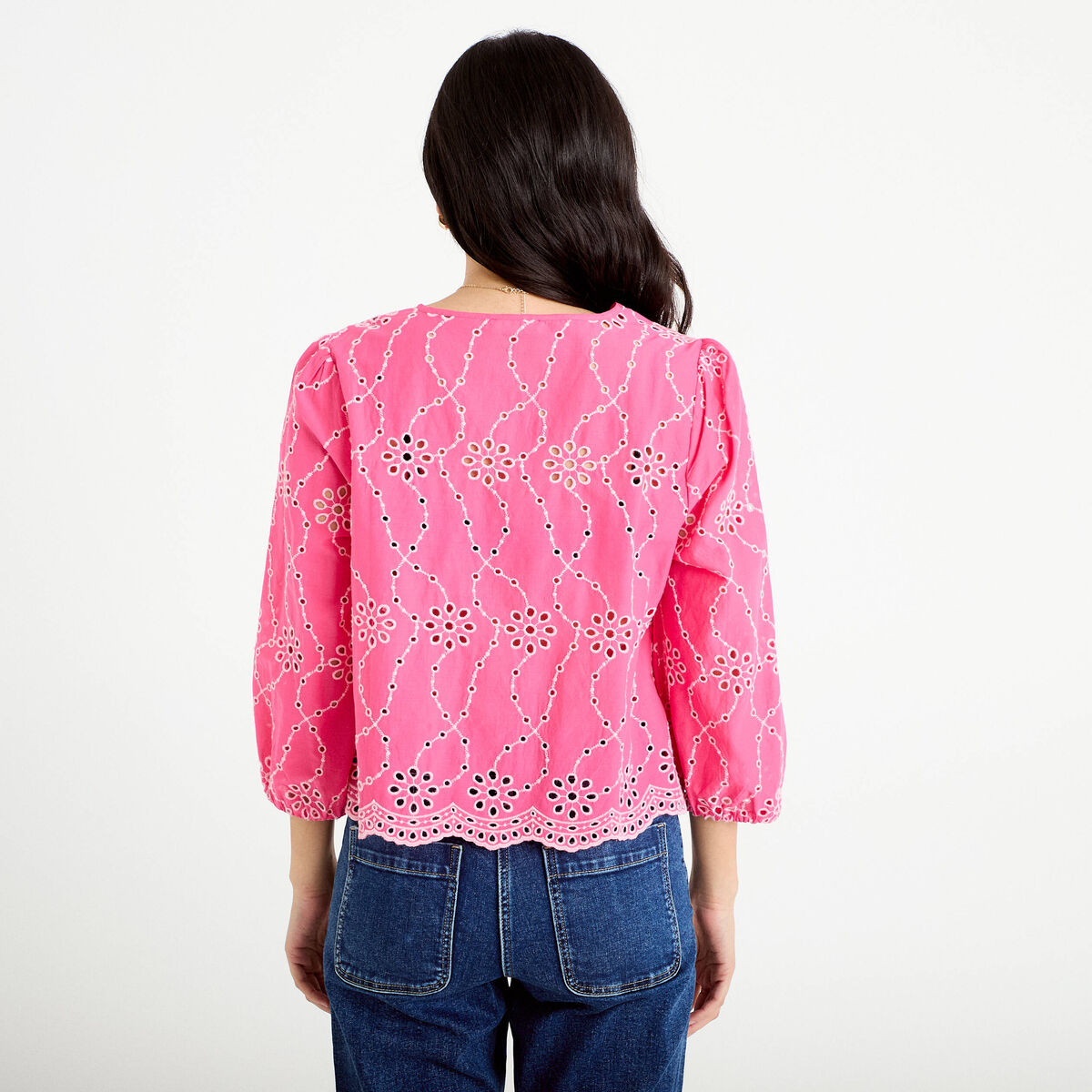 Blouse broderie anglaise rose fushia femme