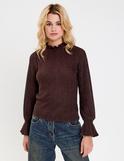 Blouse ajour&eacute;e manches longues marron fonc&eacute; femme