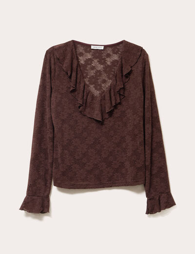 Blouse ajour&eacute;e manches longues marron fonc&eacute; femme