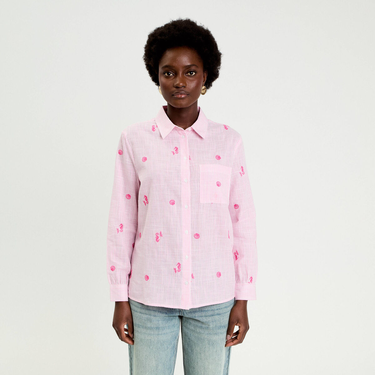 Chemise brod&eacute;e manches longues blanc femme
