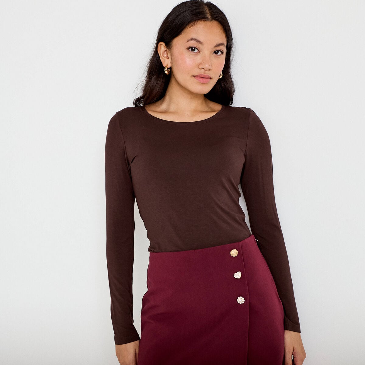 T-shirt uni &agrave; manches longues marron fonc&eacute; femme