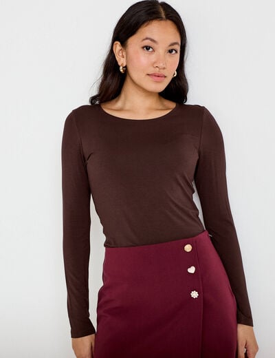 T-shirt uni &agrave; manches longues marron fonc&eacute; femme