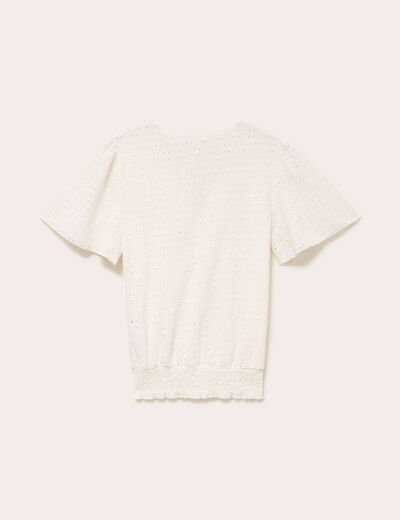 Blouse ajour&eacute;e col v manches courtes ecru femme