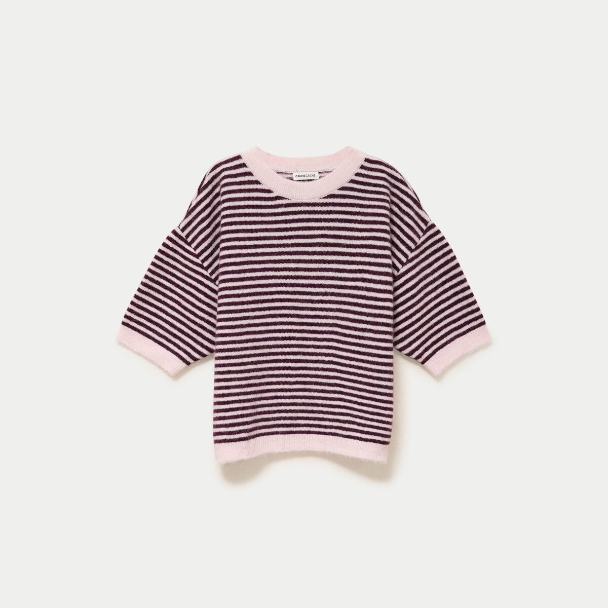 Pull ample duveteux manches courtes prune femme