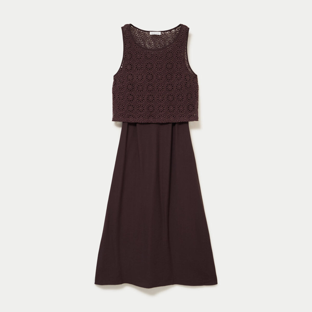 Robe longue bi-mati&egrave;re col rond marron fonc&eacute; femme
