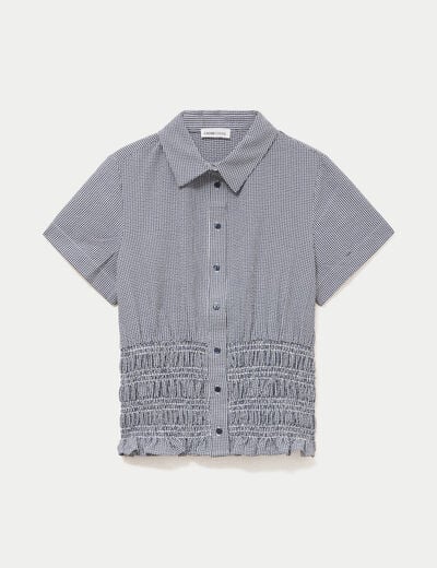 Chemise cintr&eacute;e manches courtes bleu marine femme