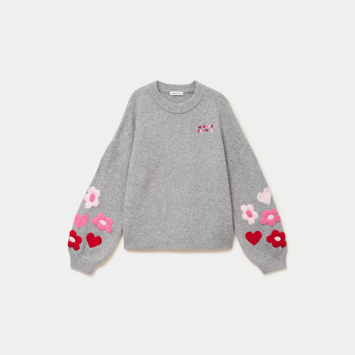 Pull oversize broderie col rond gris clair femme