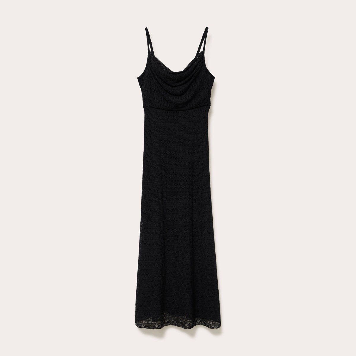 Robe longue droite col b&eacute;nitier dentelle noir femme