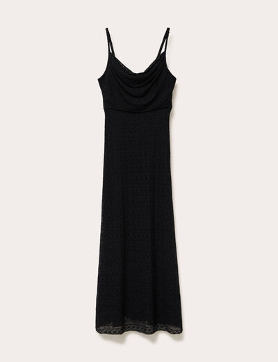 Robe longue droite col b&eacute;nitier dentelle noir femme