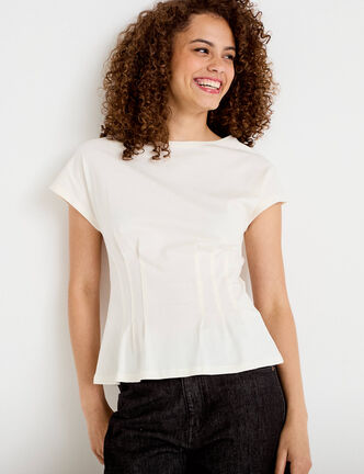 T-shirt cintr&eacute; col rond manches courtes ecru femme