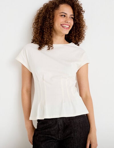 T-shirt cintr&eacute; col rond manches courtes ecru femme
