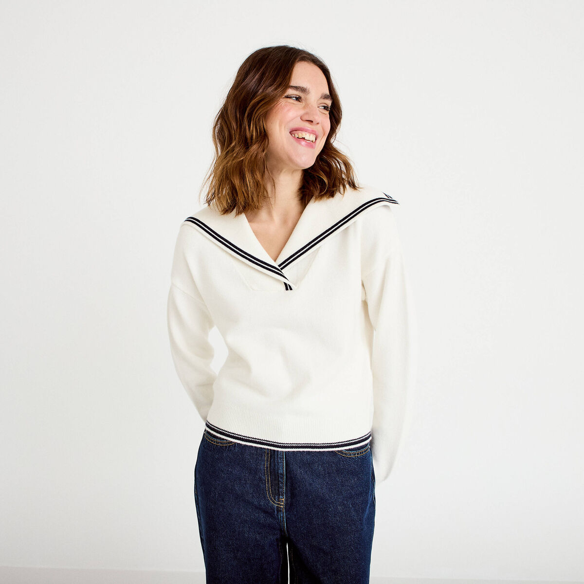 Pull col marin manches longues ecru femme