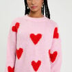 Pull oversize motif coeurs rose clair femme