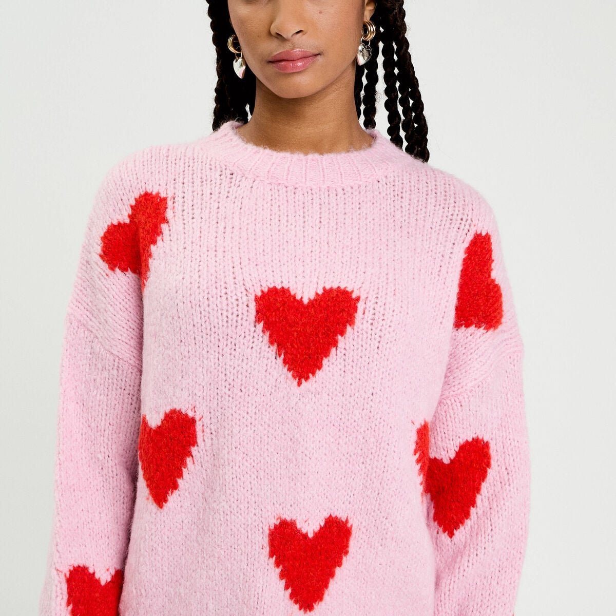 Pull oversize motif coeurs rose clair femme