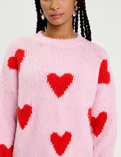 Pull oversize motif coeurs rose clair femme