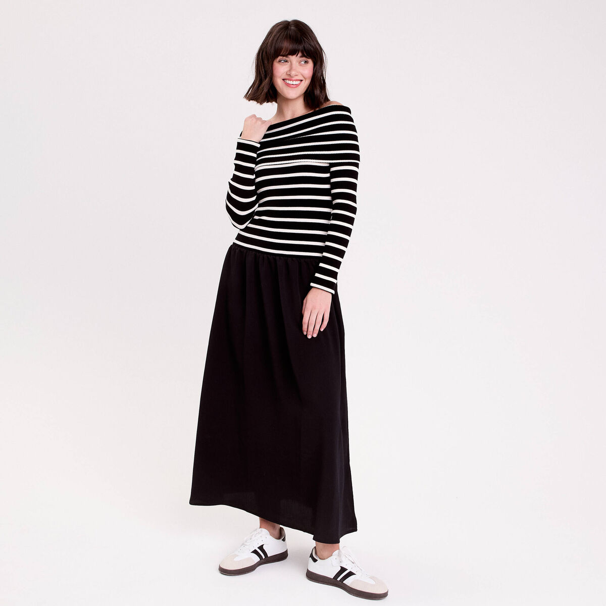 Robe longue effet 2-en-1 col bardot blanc femme