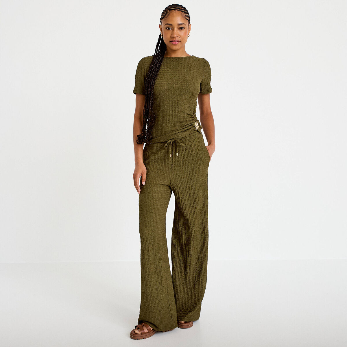 Pantalon large taille standard vert kaki femme