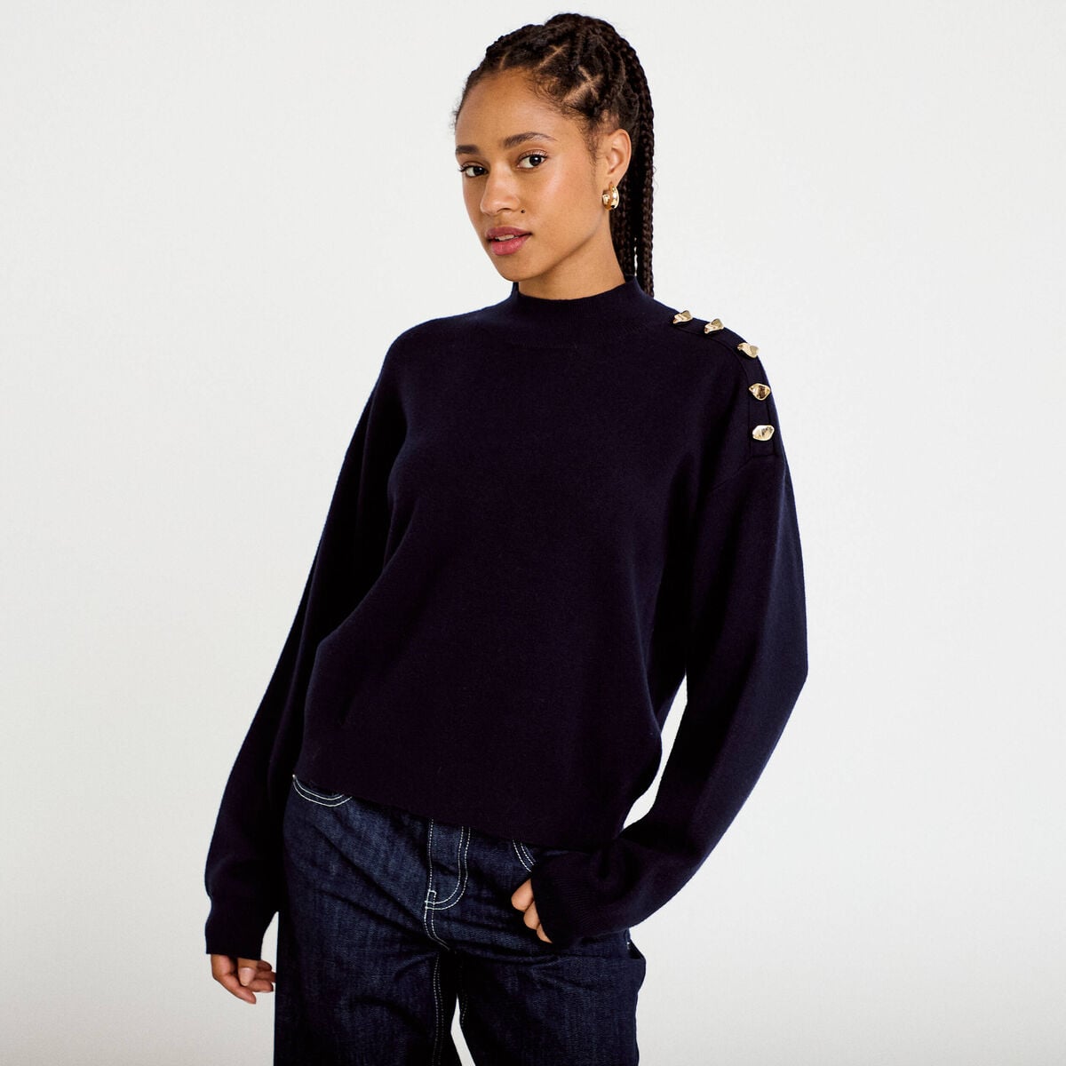 Pull col montant manches longues bleu marine femme