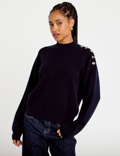 Pull col montant manches longues bleu marine femme