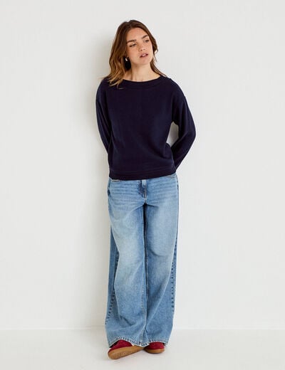 Sweat duveteux col rond manches longues bleu marine femme