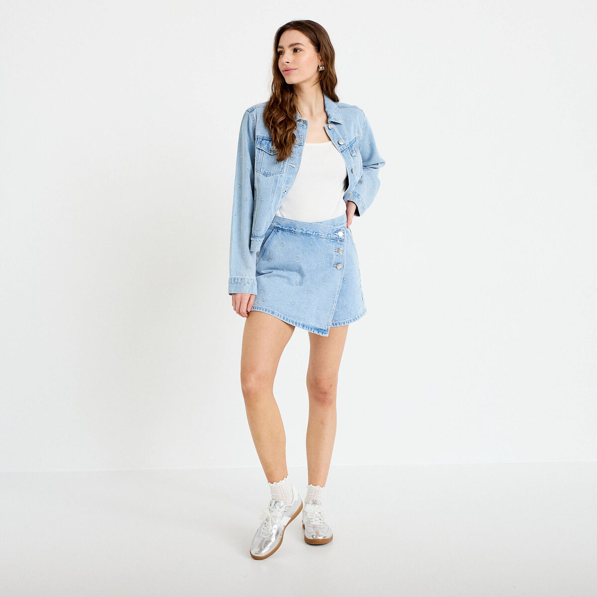 Jupe-short trap&egrave;ze courte taille haute bleu clair femme
