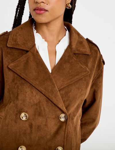 Trench droit manches longues aspect daim marron femme