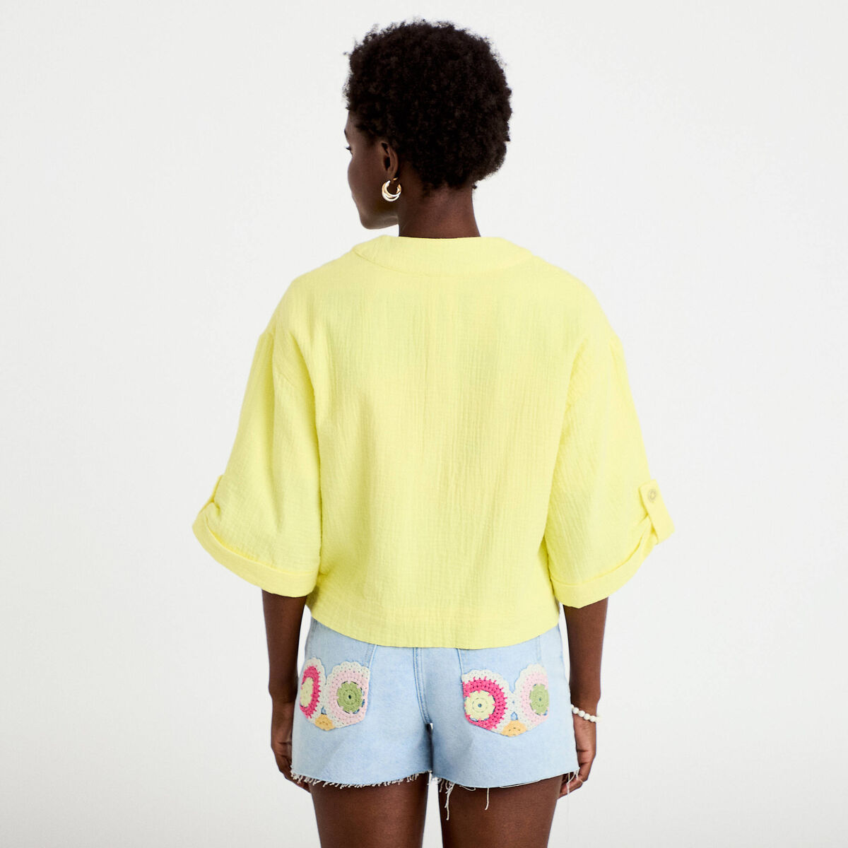 Veste ample pliss&eacute;e manches 3/4 jaune citron femme