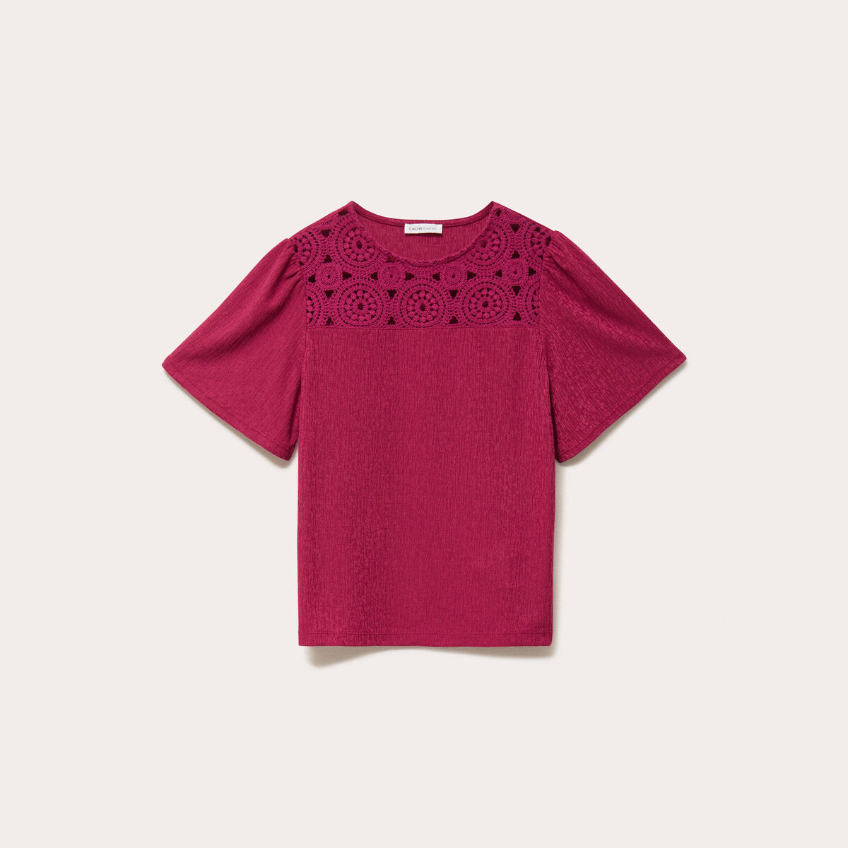T-shirt manches courtes aspect dentelle rouge femme