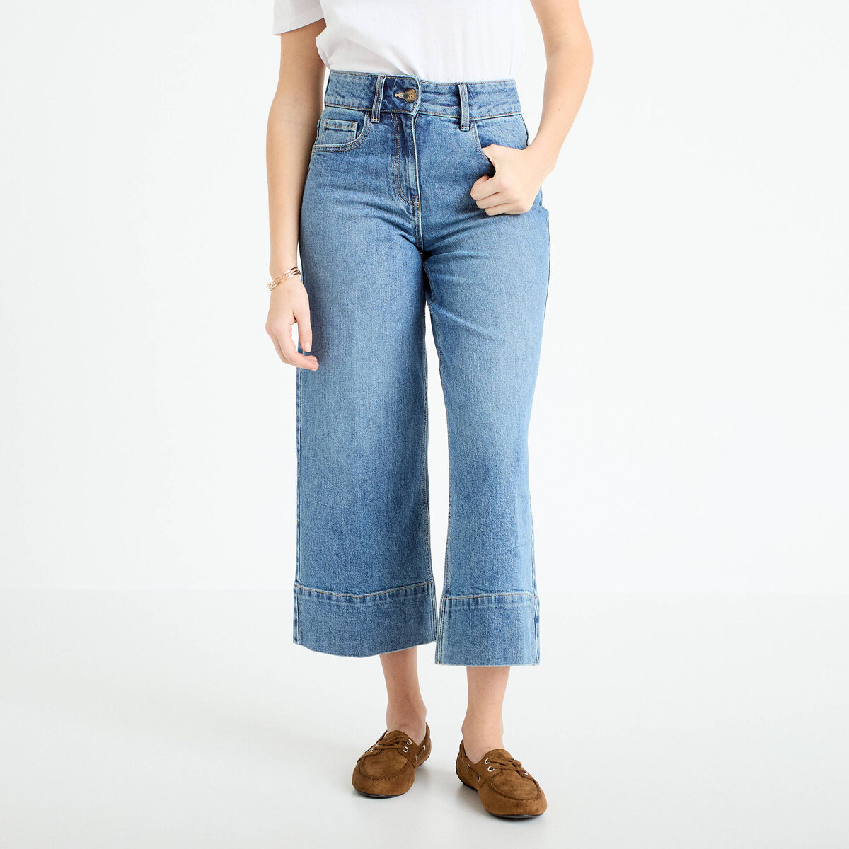 Jean wide leg cropped taille haute denim stone femme