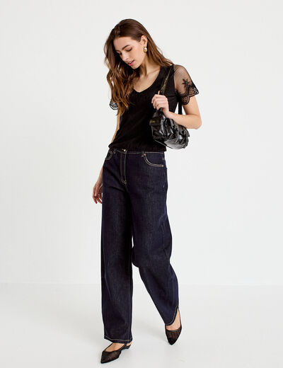 Blouse col v manches courtes dentelle noir femme