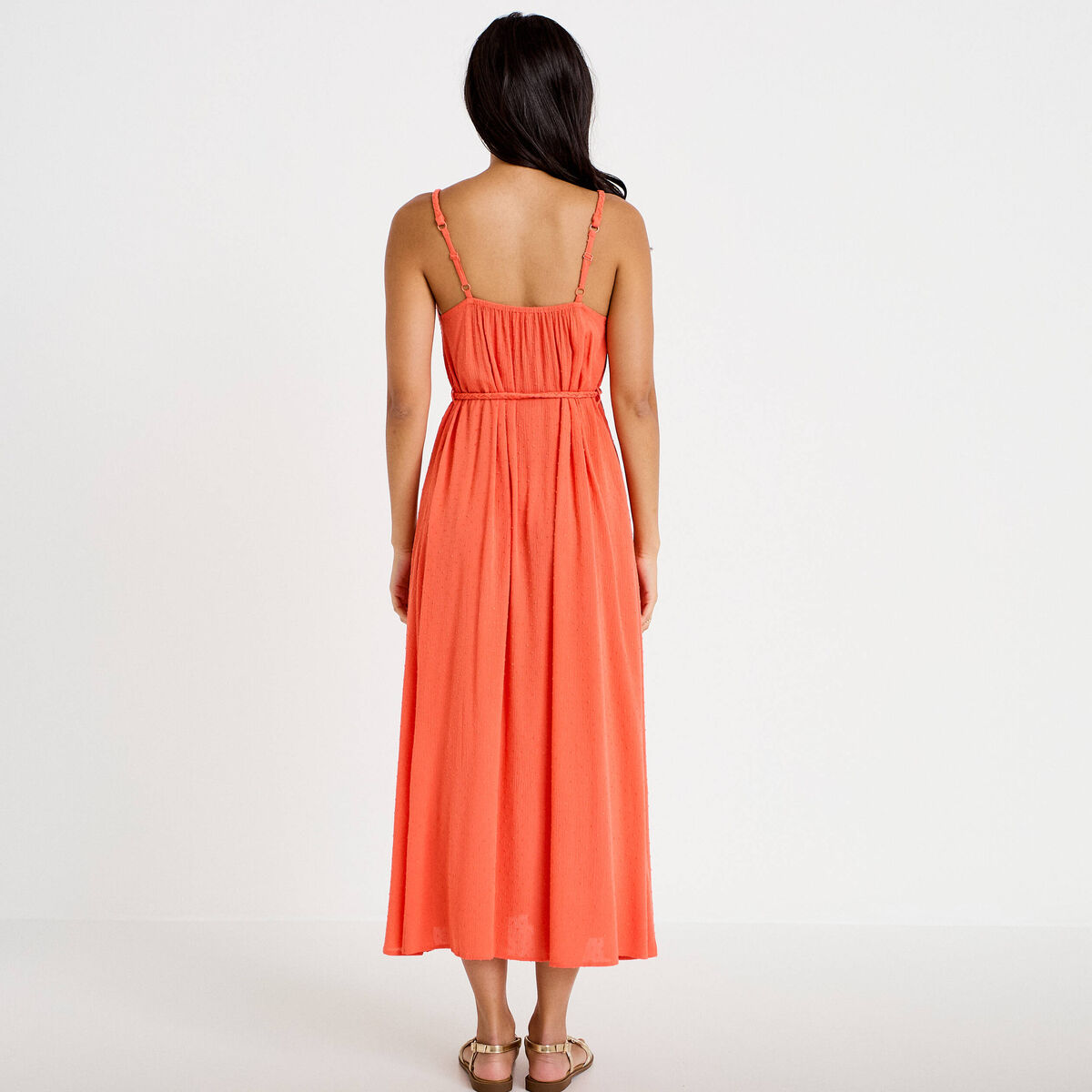 Robe longue &eacute;vas&eacute;e sans manches rouge corail femme