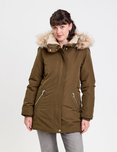 Parka &agrave; capuche fausse fourrure vert kaki femme