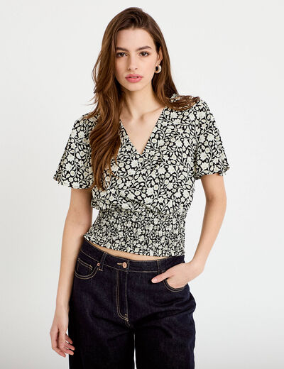 Blouse cintr&eacute;e cropped manches courtes noir femme