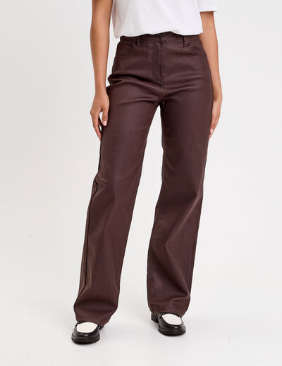 Pantalon droit enduit marron fonc&eacute; femme