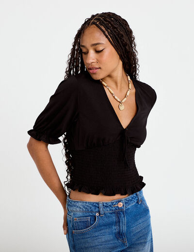 Blouse manches courtes smock&eacute;e noir femme