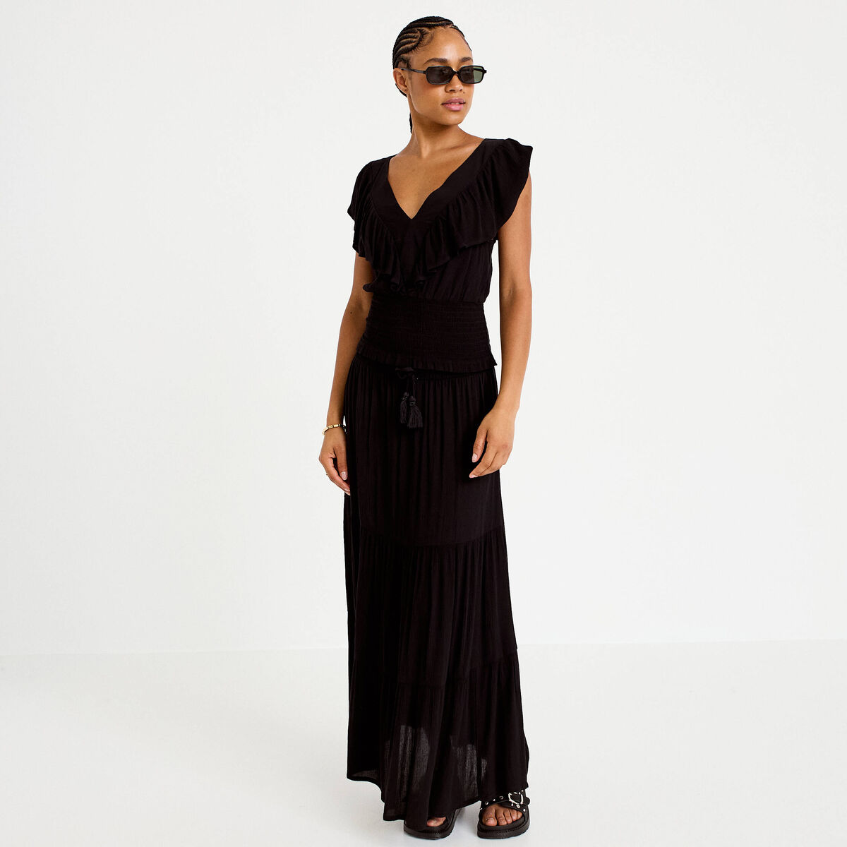Jupe longue pliss&eacute;e &eacute;vas&eacute;e noir femme