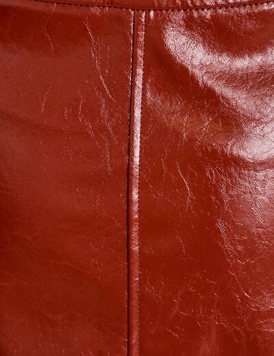 Jupe trap&egrave;ze courte en similicuir marron cognac femme