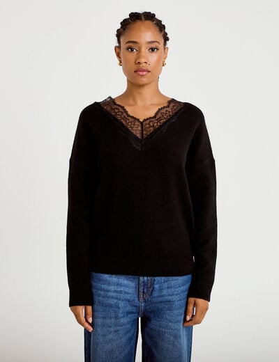 Pull col v manches longues dentelle noir femme