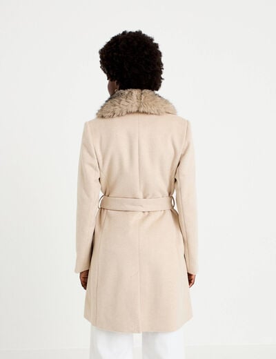 Manteau cintr&eacute; col ch&acirc;le manches longues beige femme