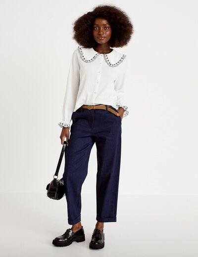 Blouse broderie manches longues ecru femme