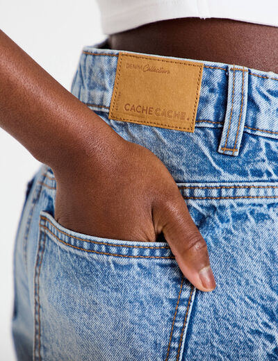 Short mom taille haute en jean denim double stone femme