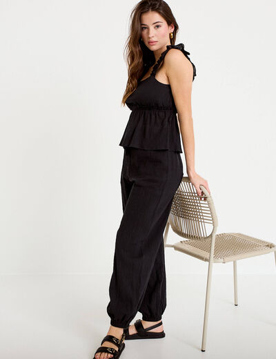 Pantalon large taille haute pliss&eacute; noir femme