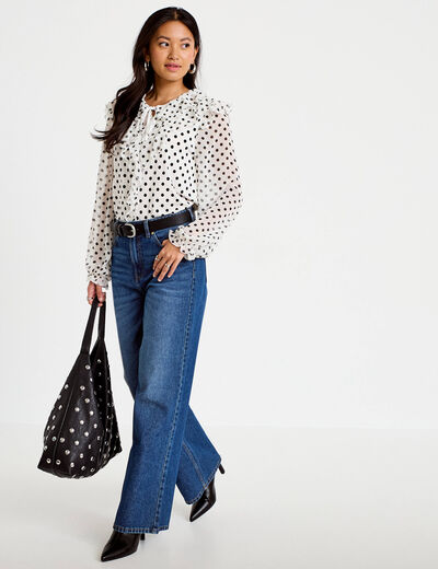 Jeans wide leg taille haute bleu fonc&eacute; femme