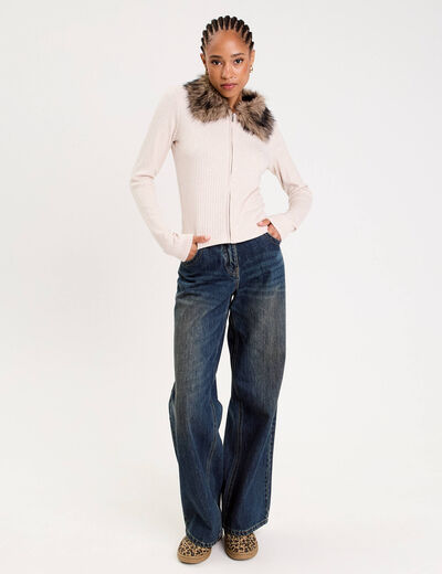 Gilet col fausse fourrure sable femme