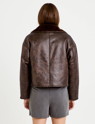 Caban cropped droit col tailleur marron fonc&eacute; femme